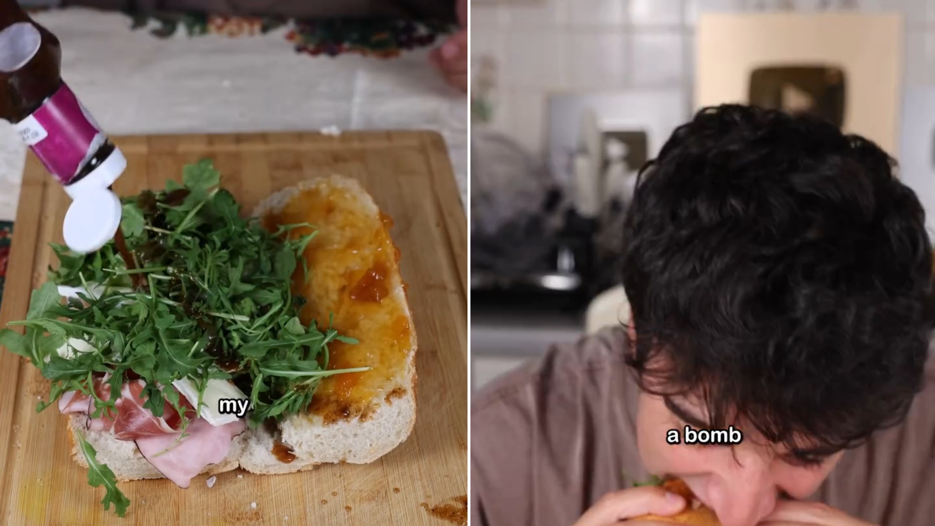 Two frames from the Instagram reel: left, arugula and prosciutto being layered onto a baguette on a cutting board; right, the creator taking a bite of the finished sandwich