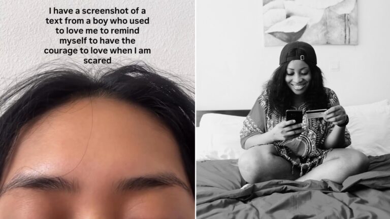 Split image: close-up of a woman with eyes closed captioned I have a screenshot of a text from a boy who used to love me to remind myself to have the courage to love, next to a black and white photo of a woman sitting on a bed smiling at her phone