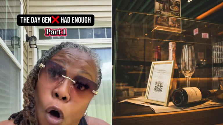 Left, the creator reacting to camera with the caption The Day Gen X Had Enough Part 1, from the @smartazzauntie Instagram reel; right, a bar table with a QR-code menu card, wine bottle and glass (Unsplash photo by Christopher Le)