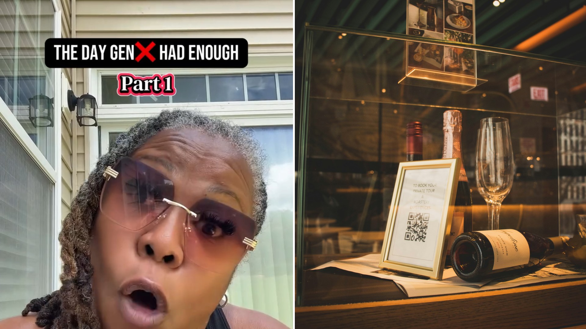 Left, the creator reacting to camera with the caption The Day Gen X Had Enough Part 1, from the @smartazzauntie Instagram reel; right, a bar table with a QR-code menu card, wine bottle and glass (Unsplash photo by Christopher Le)