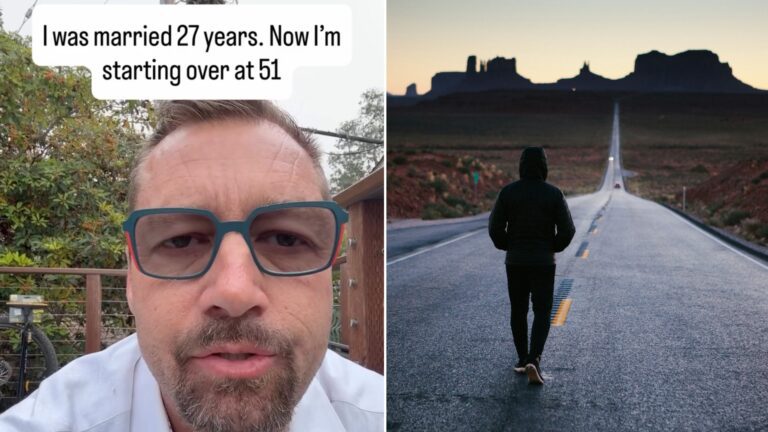 Split image: a man in glasses and a white shirt captioned I was married 27 years now I am starting over at 51, next to a lone figure walking down the center of an empty desert highway at dusk