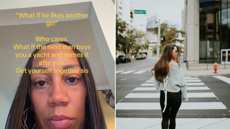 Split image: a woman looking at the camera captioned what if the next man buys you a yacht, who cares, get yourself together sis, next to a woman in a gray sweater walking across a city crosswalk
