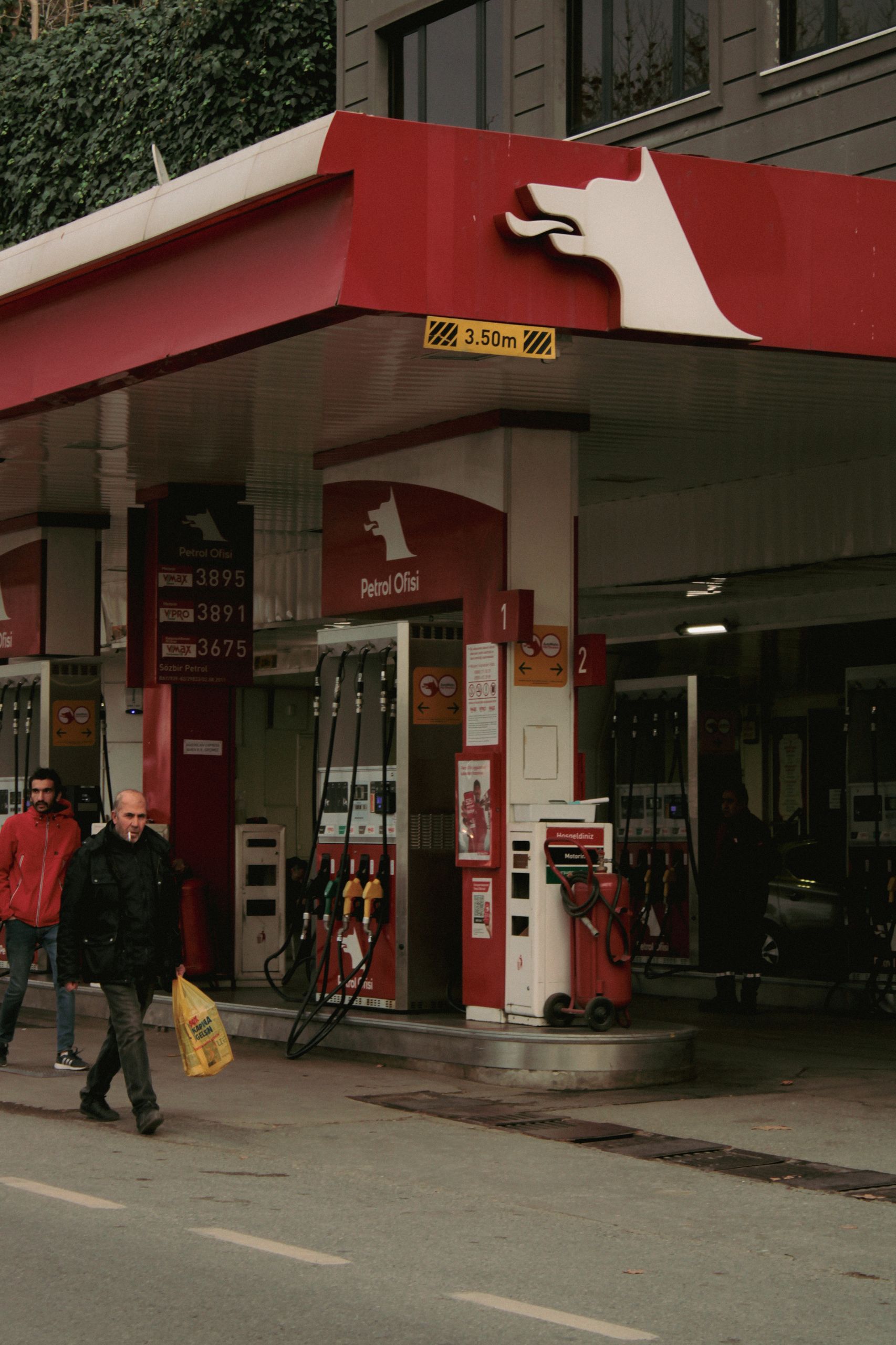 Street view of a petrol station in Turkey with people walking by, showcasing urban life.