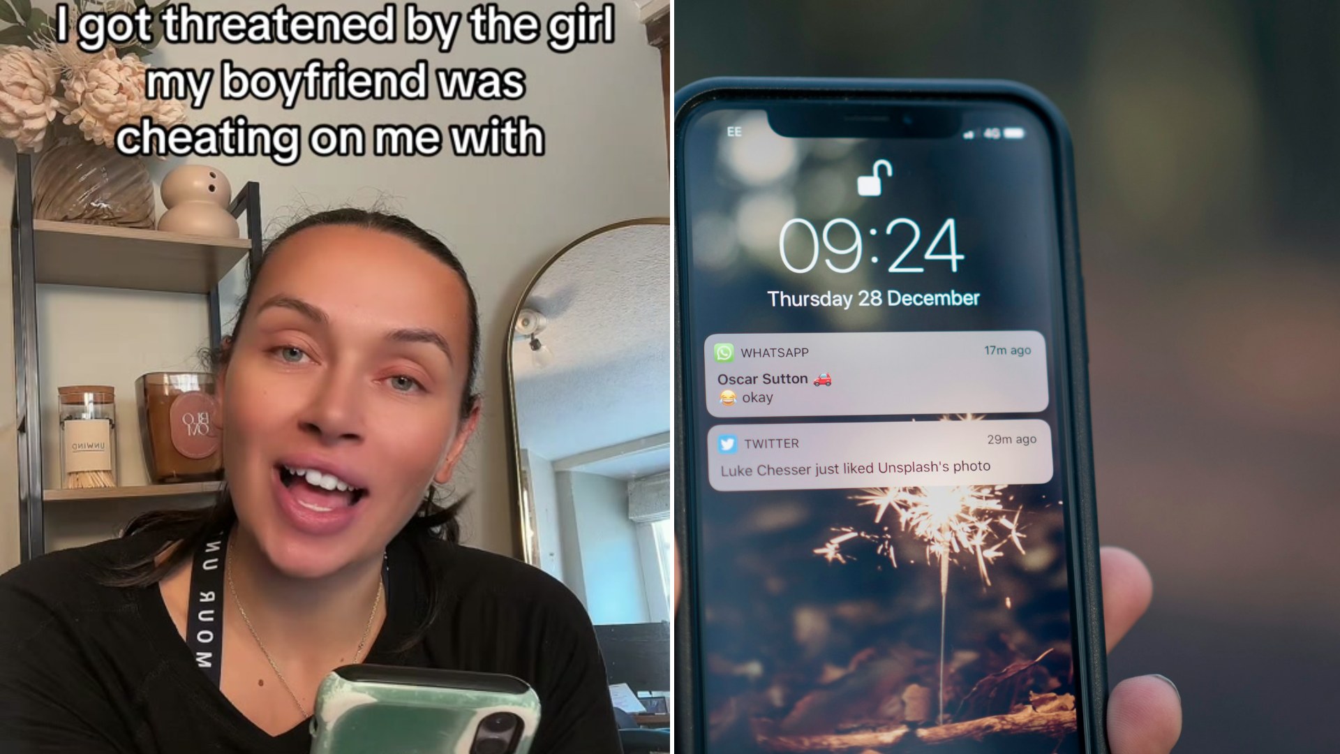 Split image: a woman holding her phone captioned I got threatened by the girl my boyfriend was cheating on me with, next to a hand holding a phone with message notifications on the lock screen
