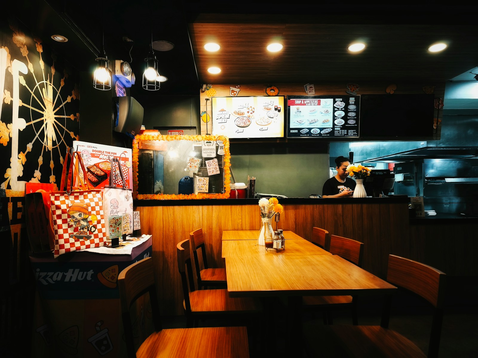 Cozy restaurant interior with wooden tables and chairs