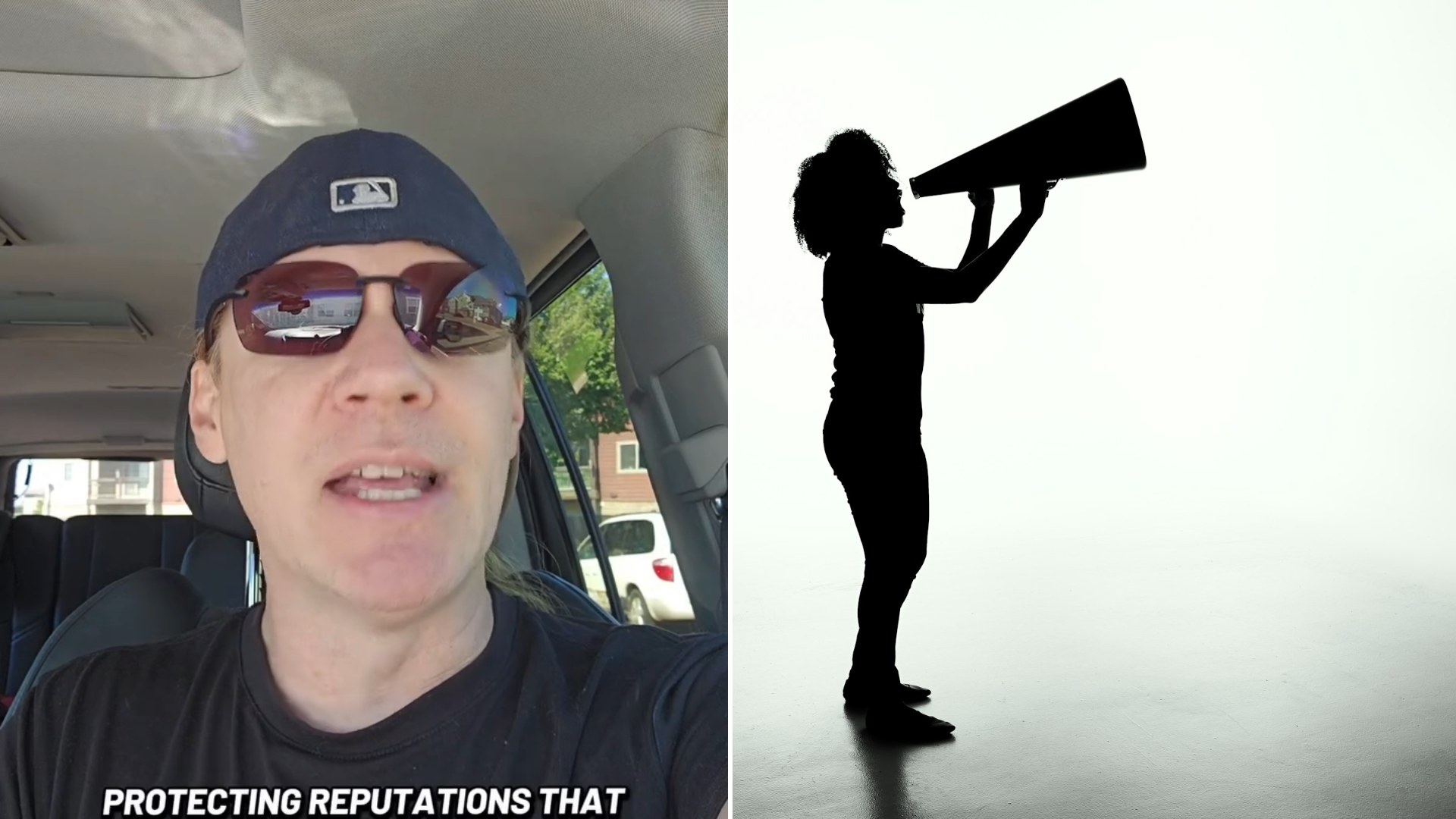 Split image: a man in a cap and sunglasses sitting in a car with the caption protecting reputations that, next to a silhouette of a woman speaking through a megaphone against a bright background
