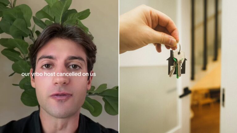 Split image: a man in a black shirt in front of a leafy plant captioned our vrbo host cancelled on us, next to a hand holding a set of keys in front of an open door
