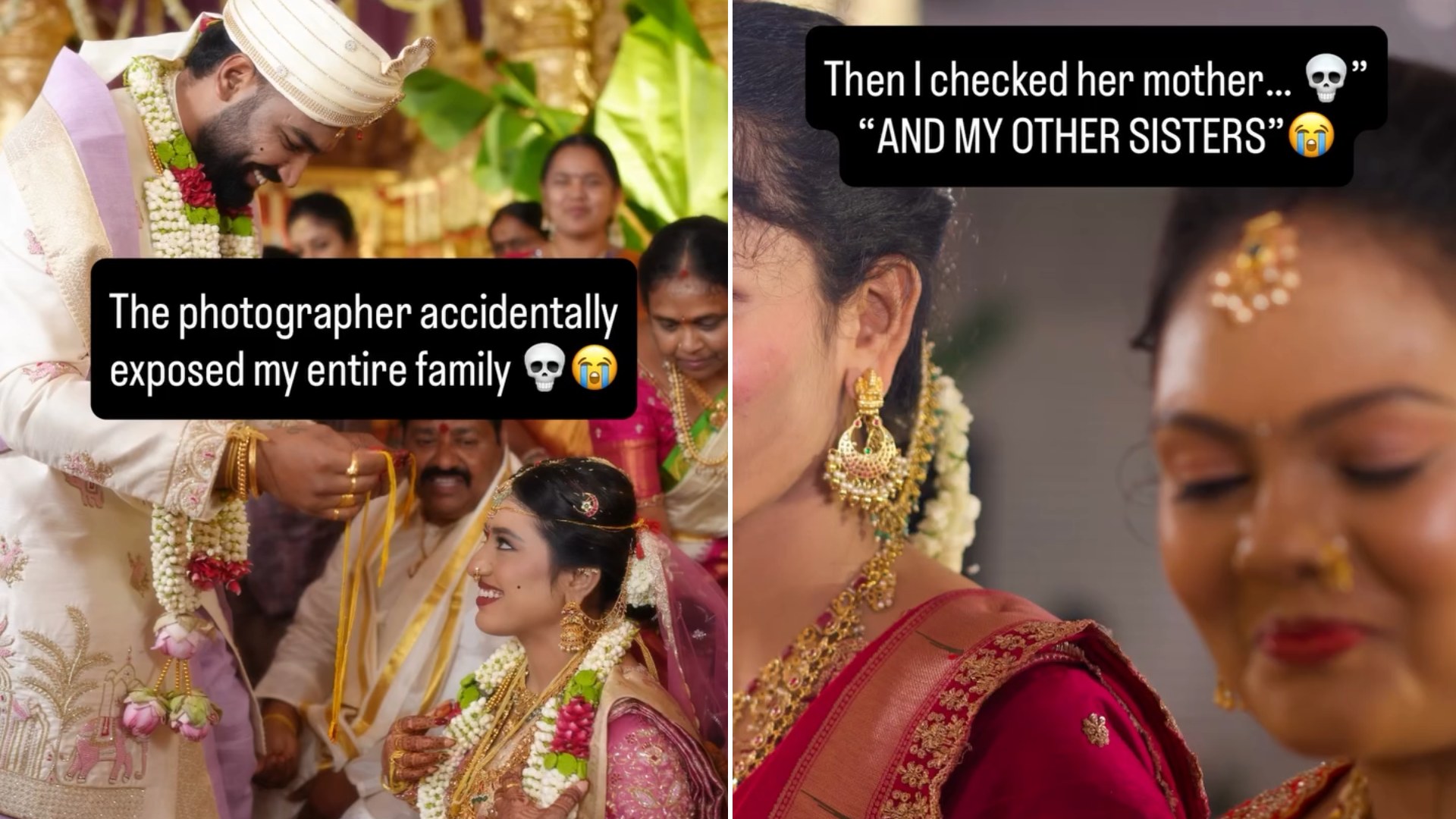 Split image: a groom in a cream sherwani leaning toward the seated bride captioned the photographer accidentally exposed my entire family, next to two women in red saris eating captioned then I checked her mother and my other sisters