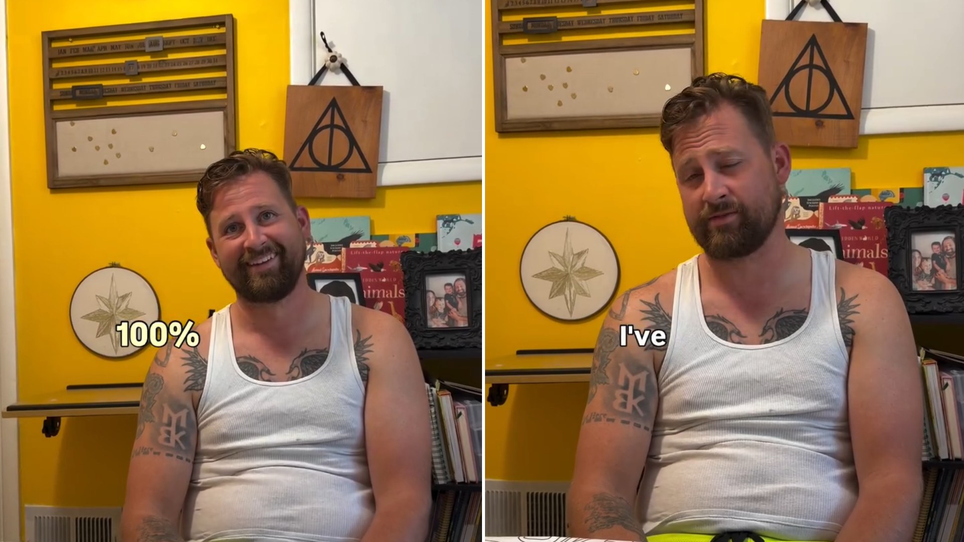 Husband answering his wife's questions on camera in front of a yellow wall