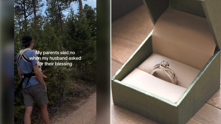 Split image: a man in a blue shirt and backpack walks along a forest dirt trail with the caption 'My parents said no when my husband asked for their blessing', next to a diamond engagement ring in an open green ring box