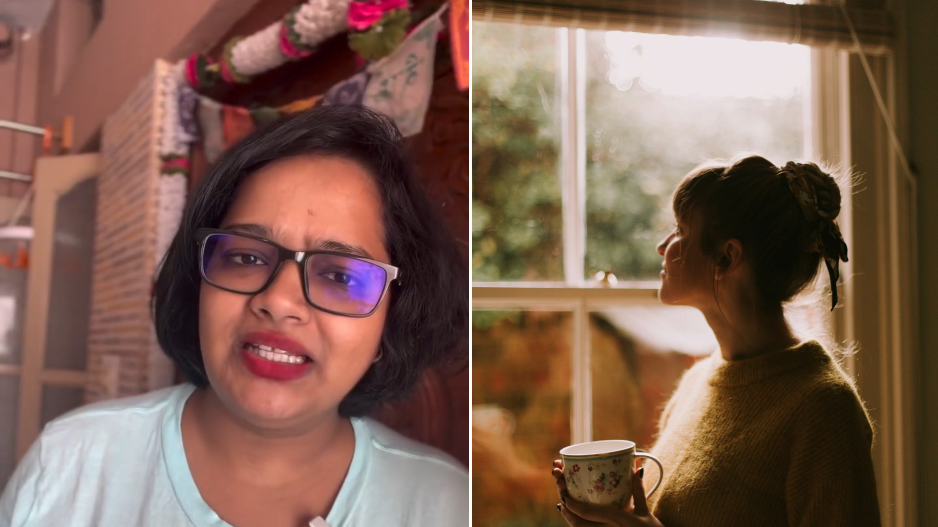 Split image: a woman in glasses and a light blue shirt speaking to camera, next to a woman in a knit sweater holding a teacup while looking out a sunlit window
