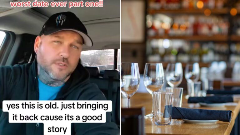 Split image: a man in a black cap in a car captioned worst date ever part one, next to an empty restaurant table set with wine glasses and folded napkins