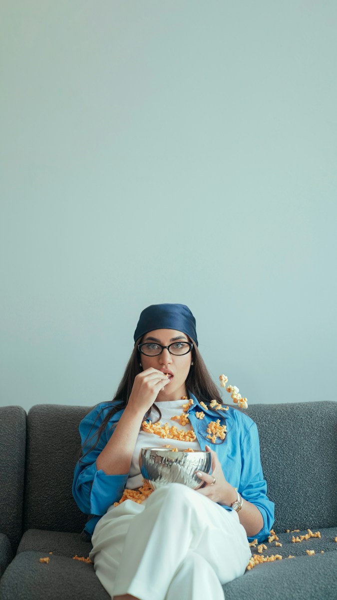 Messy woman eating popcorn on a couch