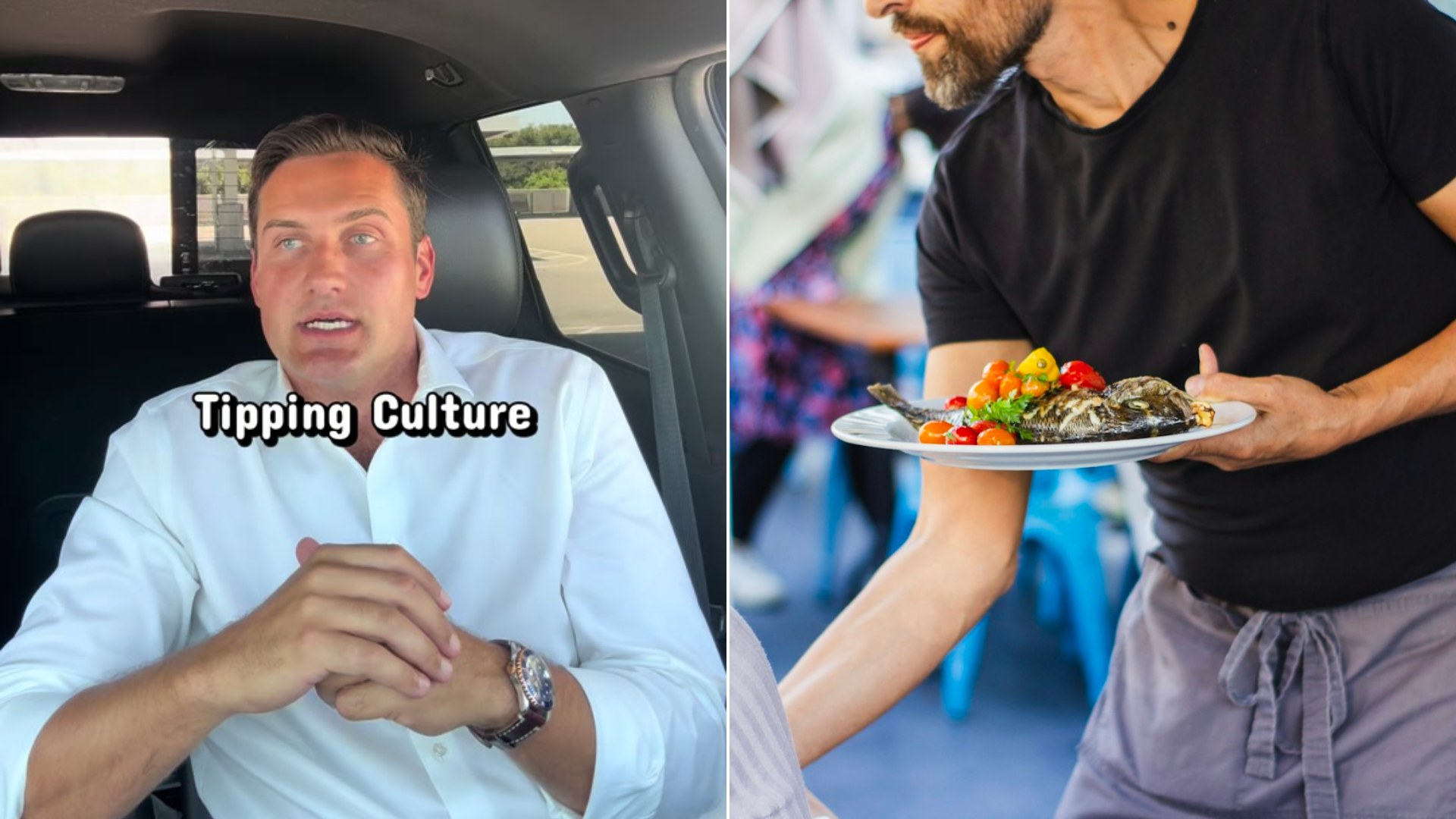 Man talking about tipping next to a waiter serving a plate