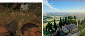 Left: cover still from an Instagram reel by @emshelx. Right: hillside Tuscan villa overlooking cypress-lined countryside (Unsplash photo by Moira Nazzari).