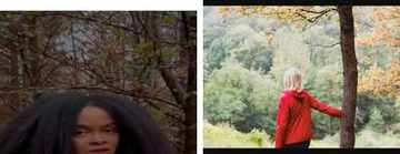 Left: cover still from an Instagram reel by @mayasideas. Right: woman in a red jacket stopping to admire a tree in the woods (Unsplash photo by Pauline Loroy).