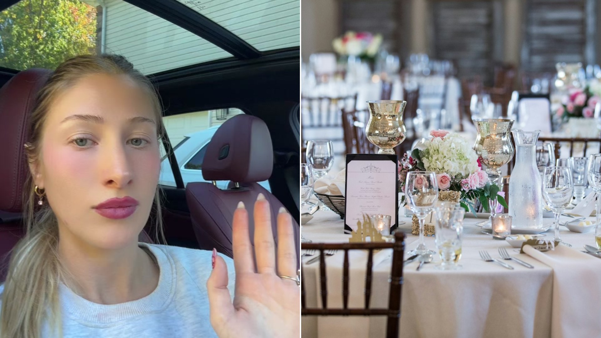 Woman in a car next to a decorated wedding reception table