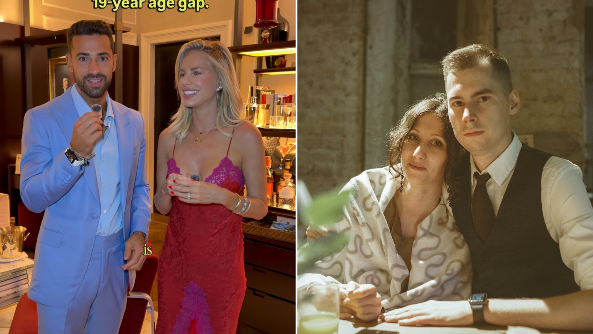 Left: cover still from an Instagram reel by @carolinestanbury. Right: a man in a black suit jacket smiling beside a woman in a floral dress (Unsplash photo by Maxim Mushnikov).