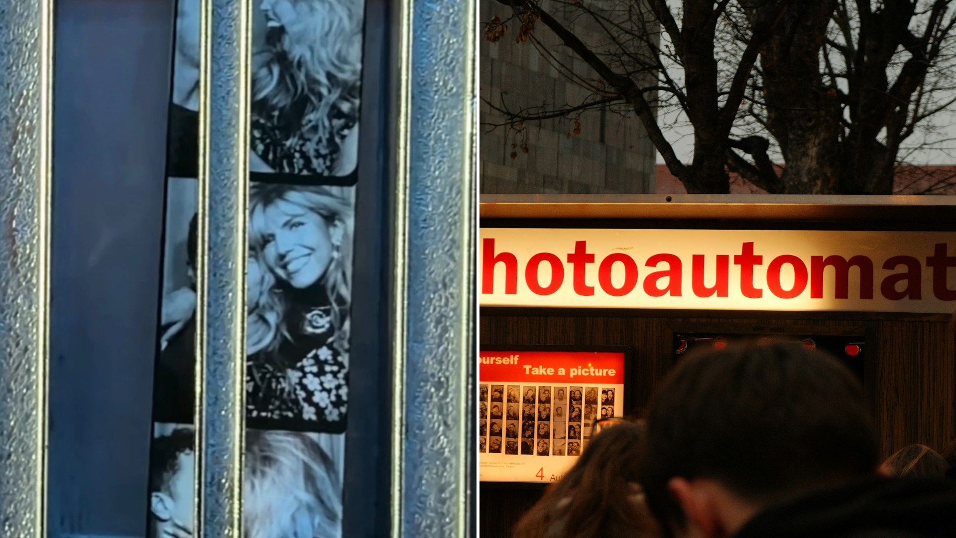 Left: cover still from an Instagram reel by @_brookethomason. Right: people waiting by a photo booth (Unsplash photo by Mattia Revelant).