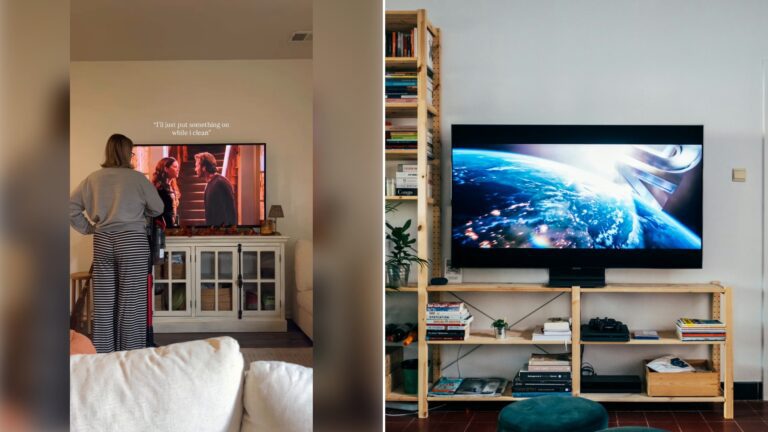 Left: still from an Instagram reel by @chelseasawick. Right: a television on a bookshelf in a living room (Unsplash photo by Jonas Leupe).