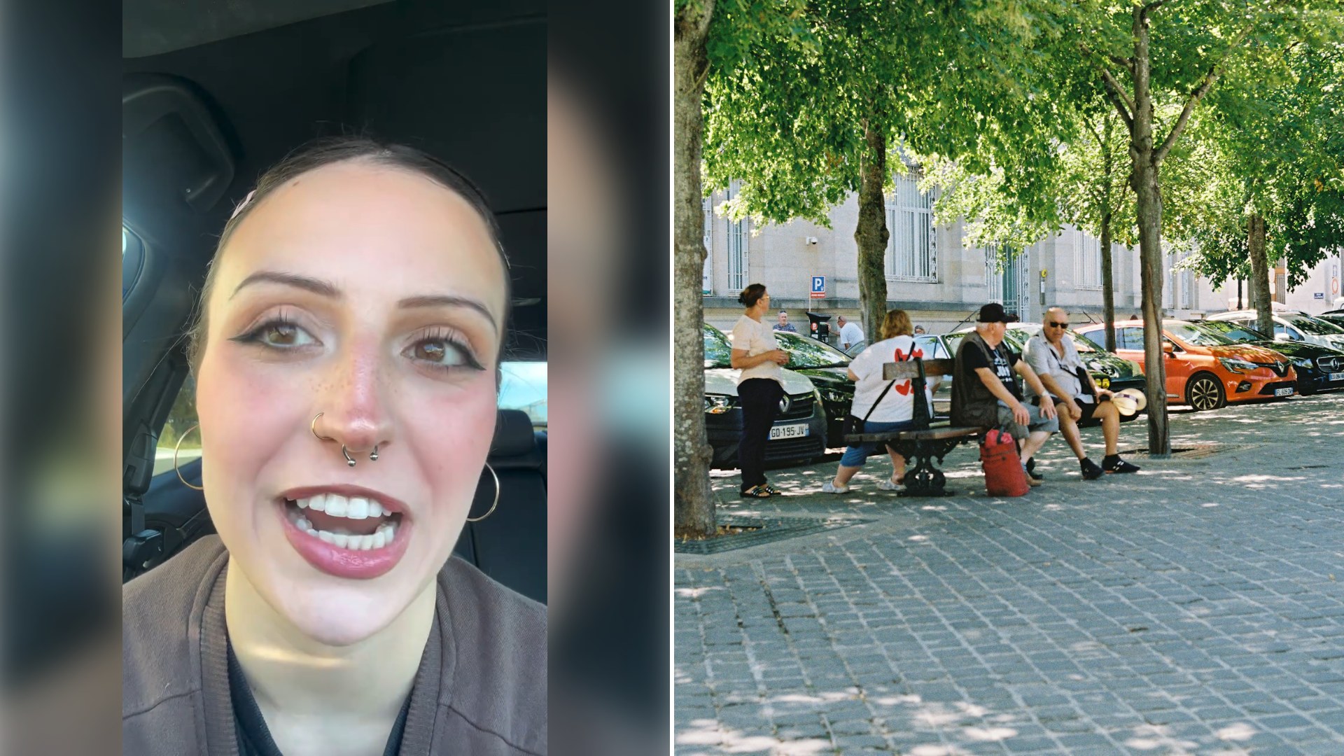 Left: still from an Instagram reel by @amyds___. Right: people sitting on a bench under shady trees (Unsplash photo by T (Tanya Barrow)).