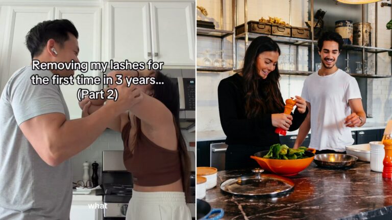 Left: cover still from an Instagram reel by @itsmeganlieu. Right: a man and a woman standing in front of a kitchen table (Unsplash photo by Jason Briscoe).