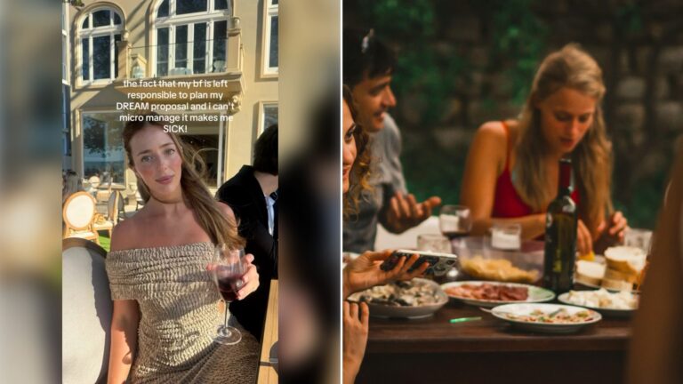 Left: still from an Instagram reel by @georgiaburles. Right: a group of people at an outdoor dinner table (Unsplash photo by Bohdan).