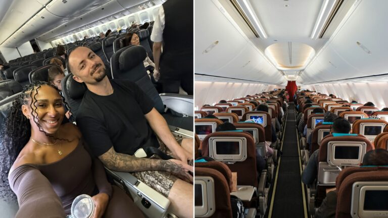 Left: cover still from an Instagram reel by @wellwithmercedes. Right: a row of empty seats in an airplane (Unsplash photo by Mohammad Arrahmanur).