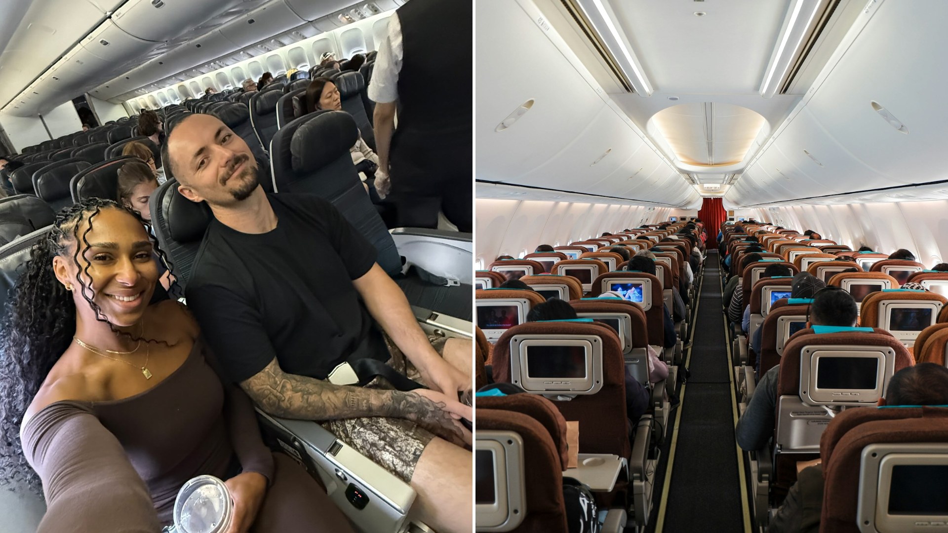 Left: cover still from an Instagram reel by @wellwithmercedes. Right: a row of empty seats in an airplane (Unsplash photo by Mohammad Arrahmanur).