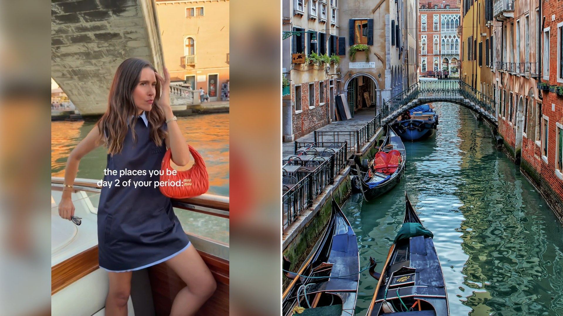 Left: still from an Instagram reel by @chiaraking. Right: a Venice canal (Unsplash photo by Ricardo Gomez Angel).