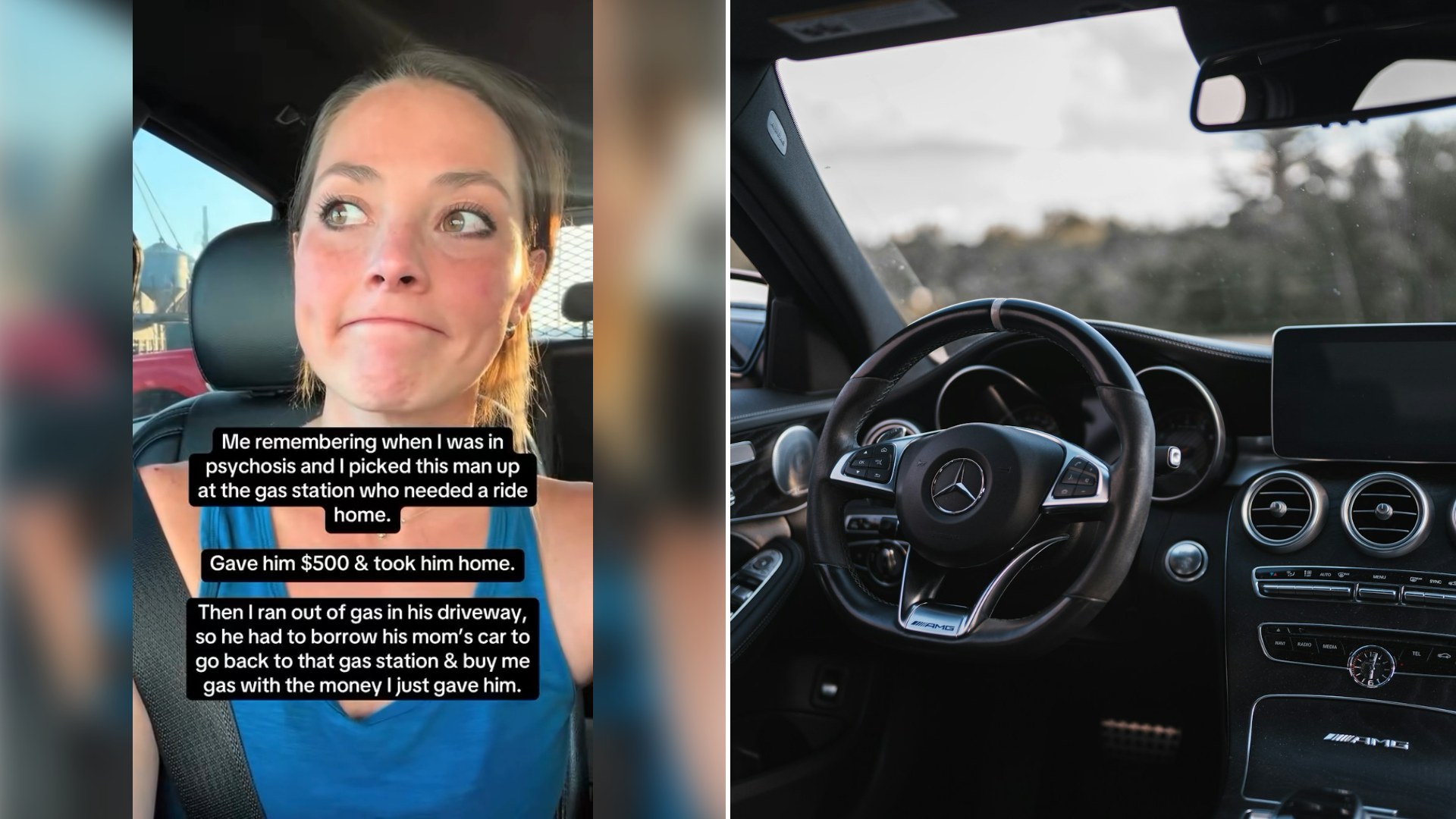 Left: still from an Instagram reel by @abbyseuntjens. Right: a car interior (Unsplash photo by Benjamin Zhao).