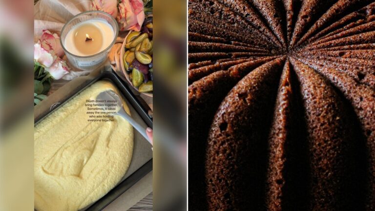 Left: still from an Instagram reel by @jijis.kitchenn. Right: a close-up texture of mocha cake (Unsplash photo by TSI).