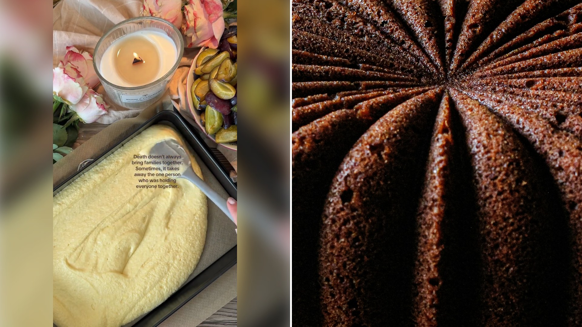 Left: still from an Instagram reel by @jijis.kitchenn. Right: a close-up texture of mocha cake (Unsplash photo by TSI).