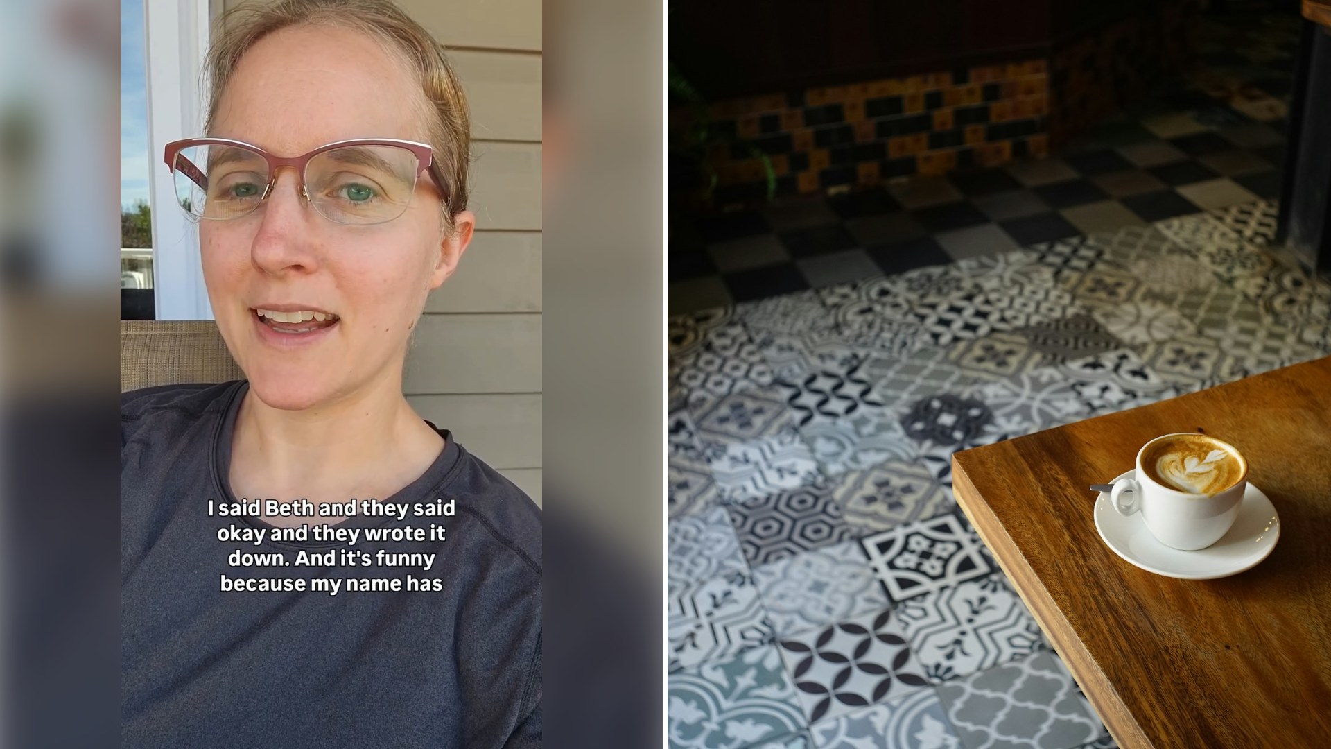 Left: still from an Instagram reel by @mourningdove2025. Right: a cappuccino on a wooden table (Unsplash photo by Nam Quach).