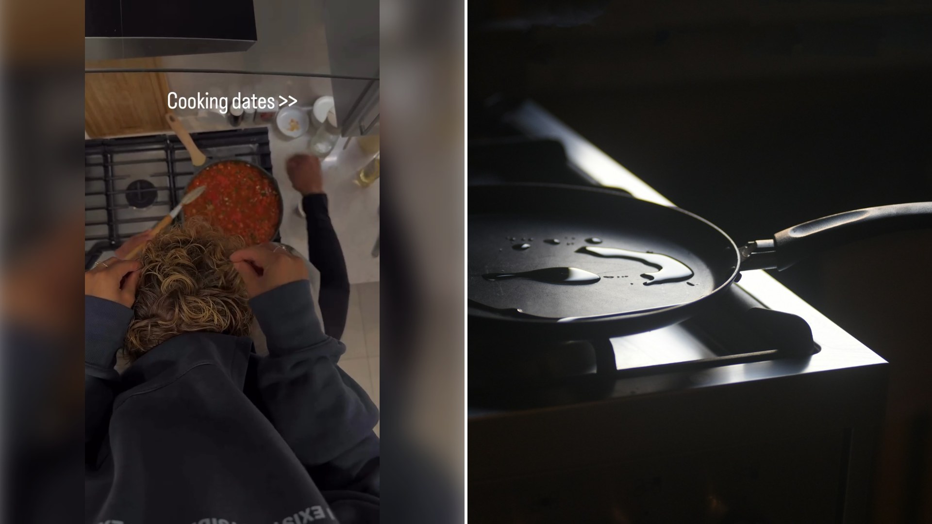Left: still from an Instagram reel by @andon.nat. Right: a frying pan on a stove (Unsplash photo by Piermario Eva).