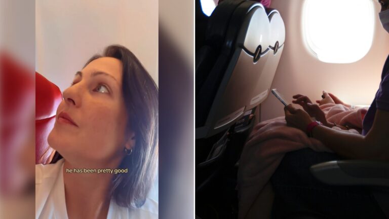 Left: still from an Instagram reel by @natalieannesheffield. Right: a seat with an in-flight entertainment screen (Unsplash photo by Elly Johnson).