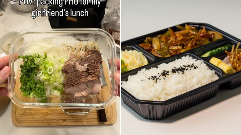Left: cover still from an Instagram reel by @oscarzengcooking. Right: rice with meat and vegetables (Unsplash photo by Ferks Guare).