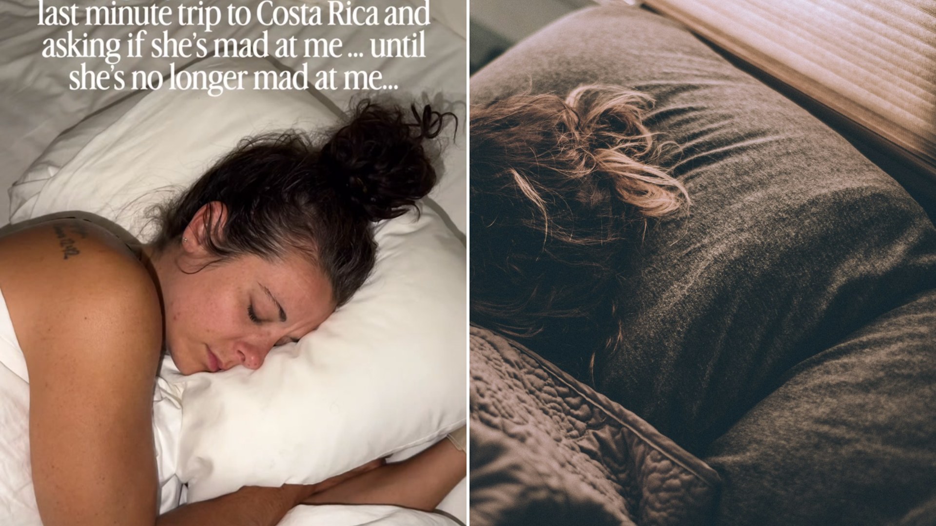 Left: cover still from an Instagram reel by @griffandalyssa. Right: a woman sleeping on a bed under blankets (Unsplash photo by Greg Pappas).