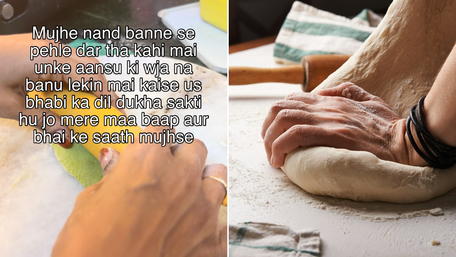 Left: cover still from an Instagram reel by @foodie_blossoms. Right: hands making dough beside a wooden rolling pin (Unsplash photo by Nadya Spetnitskaya).