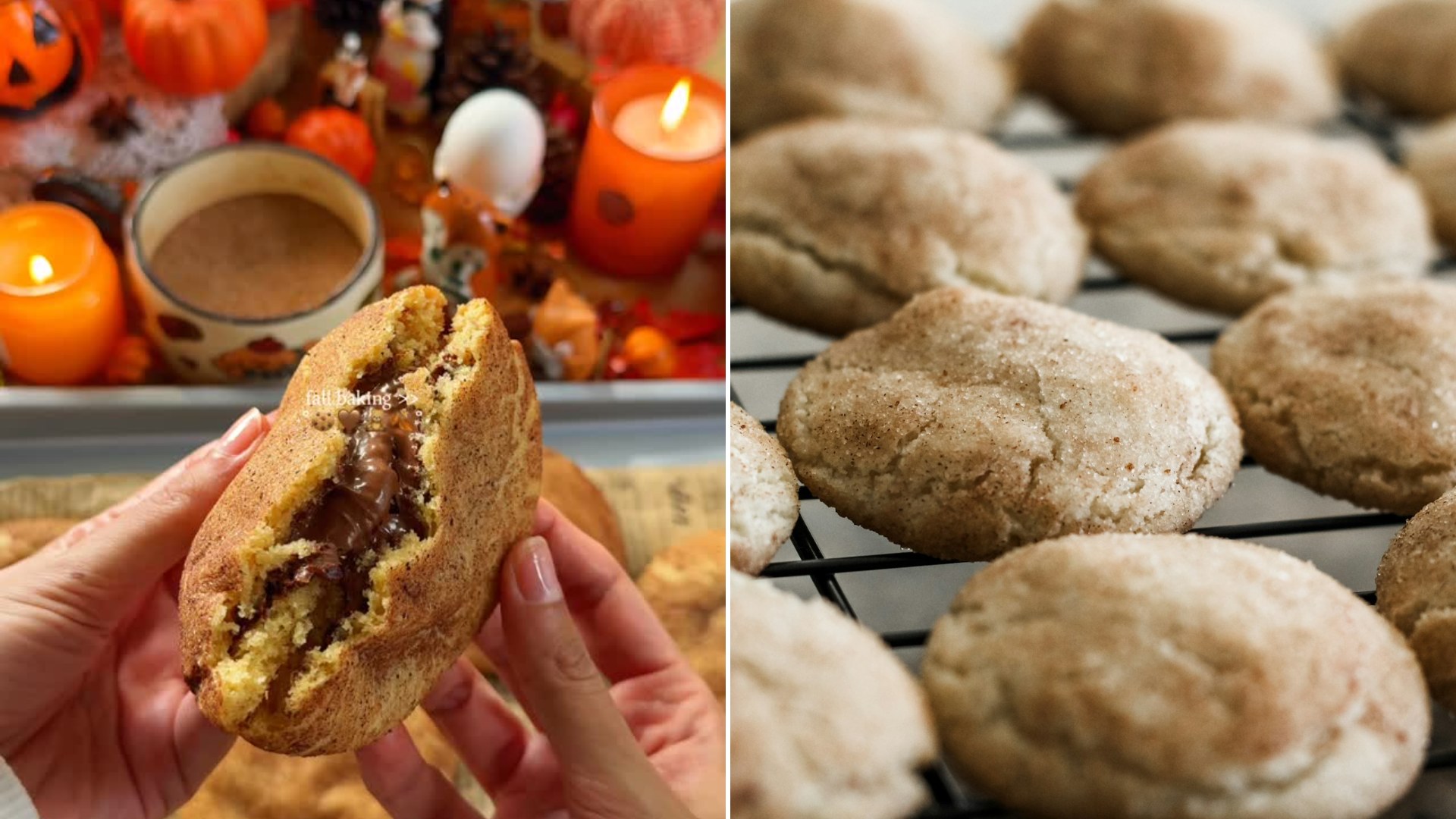 Left: cover still from an Instagram reel by @moonie_bakie. Right: snickerdoodle cookies on a cooling rack (Unsplash photo by Jessica Johnston).