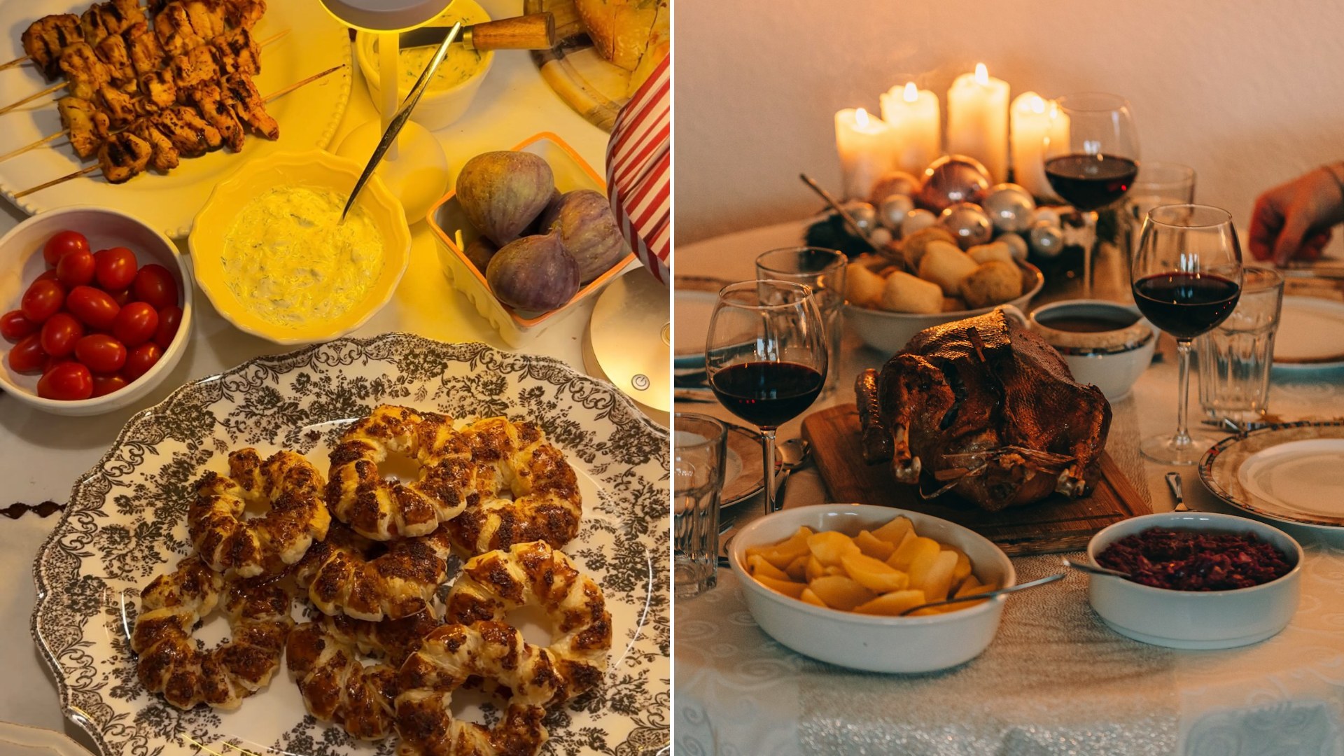 Left: cover still from an Instagram reel by @foodiedasha. Right: a table with food and drinks (Unsplash photo by Noah Samuel Franz).