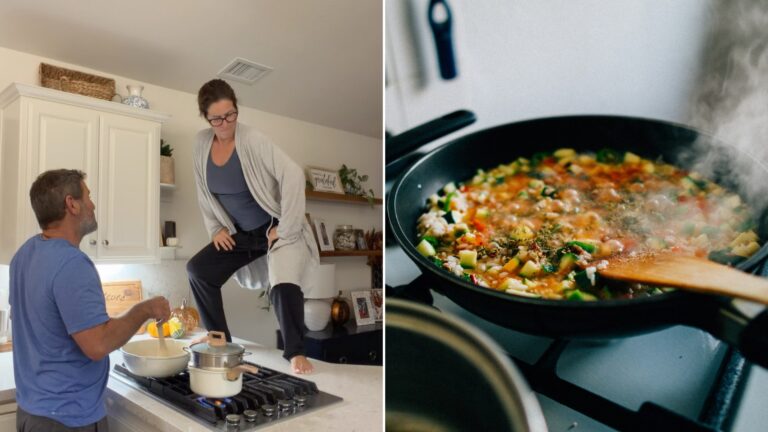 Left: cover still from an Instagram reel by @bougiehippy_. Right: a pan of food cooking on a stove (Unsplash photo by Christian Lue).
