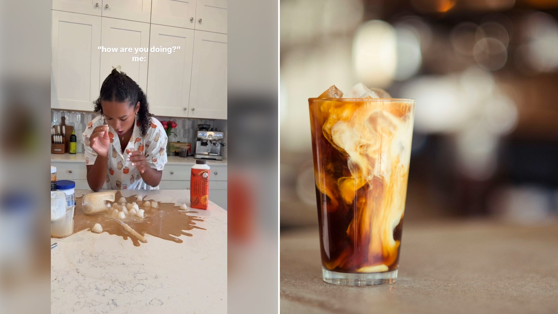Left: still from an Instagram reel by @octaviaasimpkins. Right: an iced latte in a glass (Unsplash photo by Demi DeHerrera).