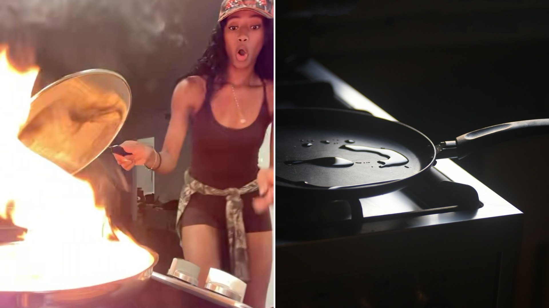 Left: cover still from an Instagram reel by @phoebe_ryonne. Right: a frying pan on a stove (Unsplash photo by Piermario Eva).