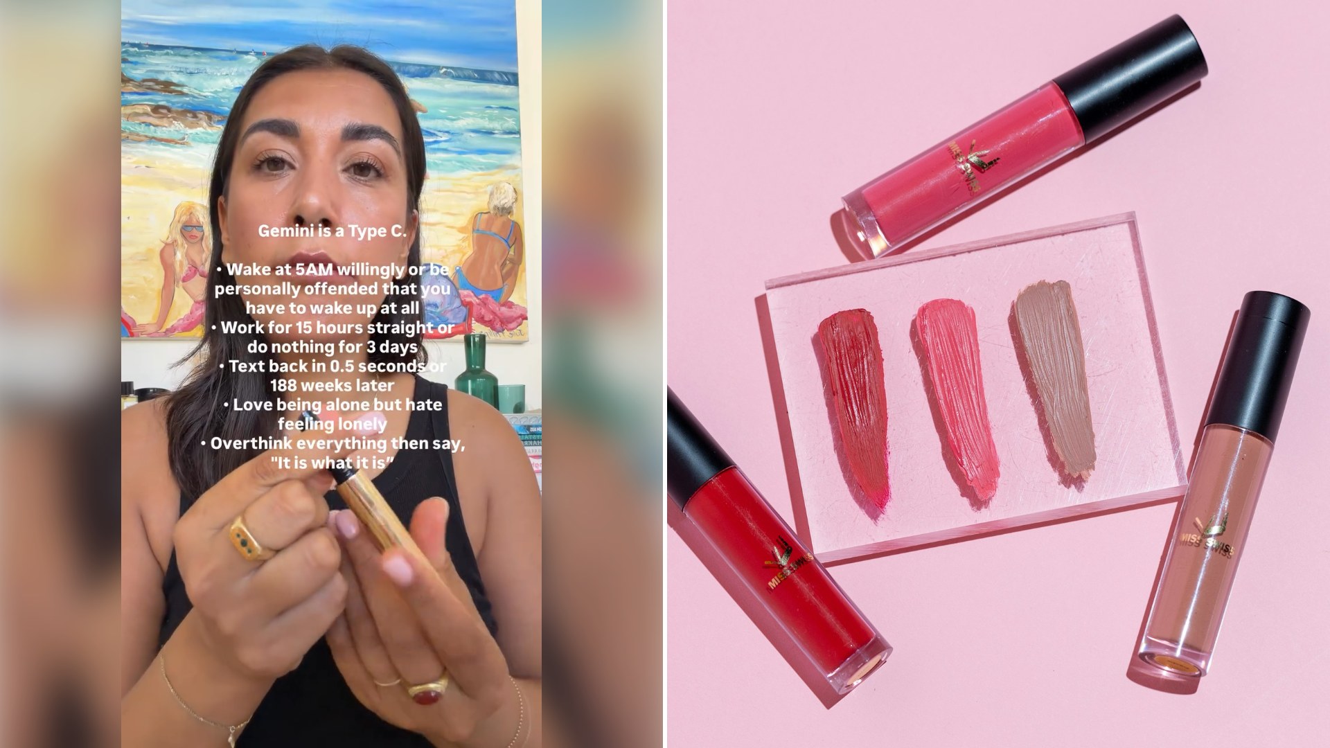 Left: still from an Instagram reel by @sangeetatatiana. Right: pink and black lipstick with a makeup brush (Unsplash photo by Ashley Piszek).