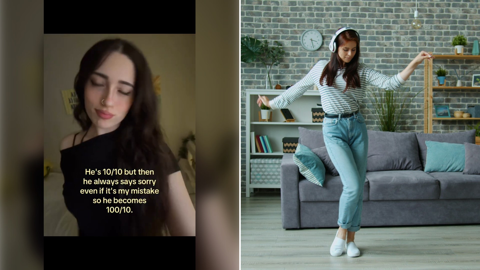 Left: still from an Instagram reel by @soleil._.29. Right: a young woman dancing at home in headphones (Unsplash photo by Vitaly Gariev).