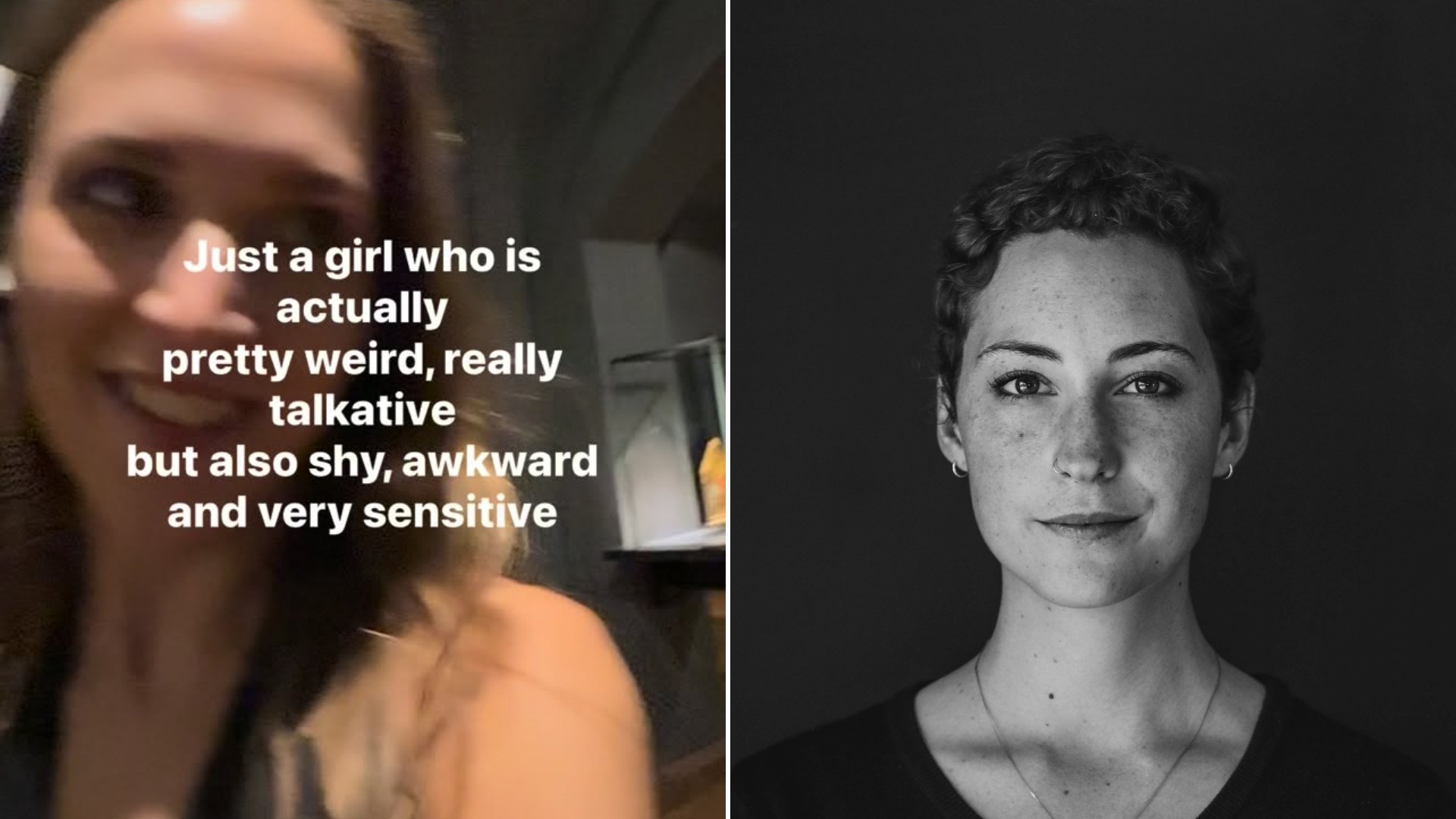 Left: cover still from an Instagram reel by @meeritiirats. Right: a grayscale portrait of a woman (Unsplash photo by Rachel McDermott).