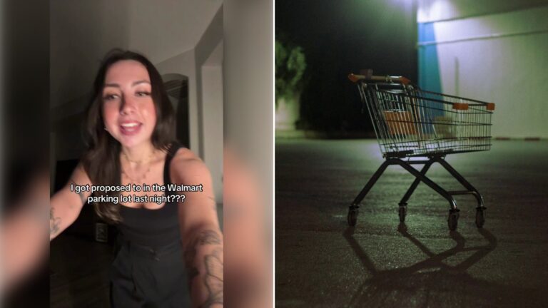 Left: cover still from a TikTok video by @kellybrooke.m. Right: a shopping cart on wet pavement at night (Unsplash photo by Fethi Benattallah).