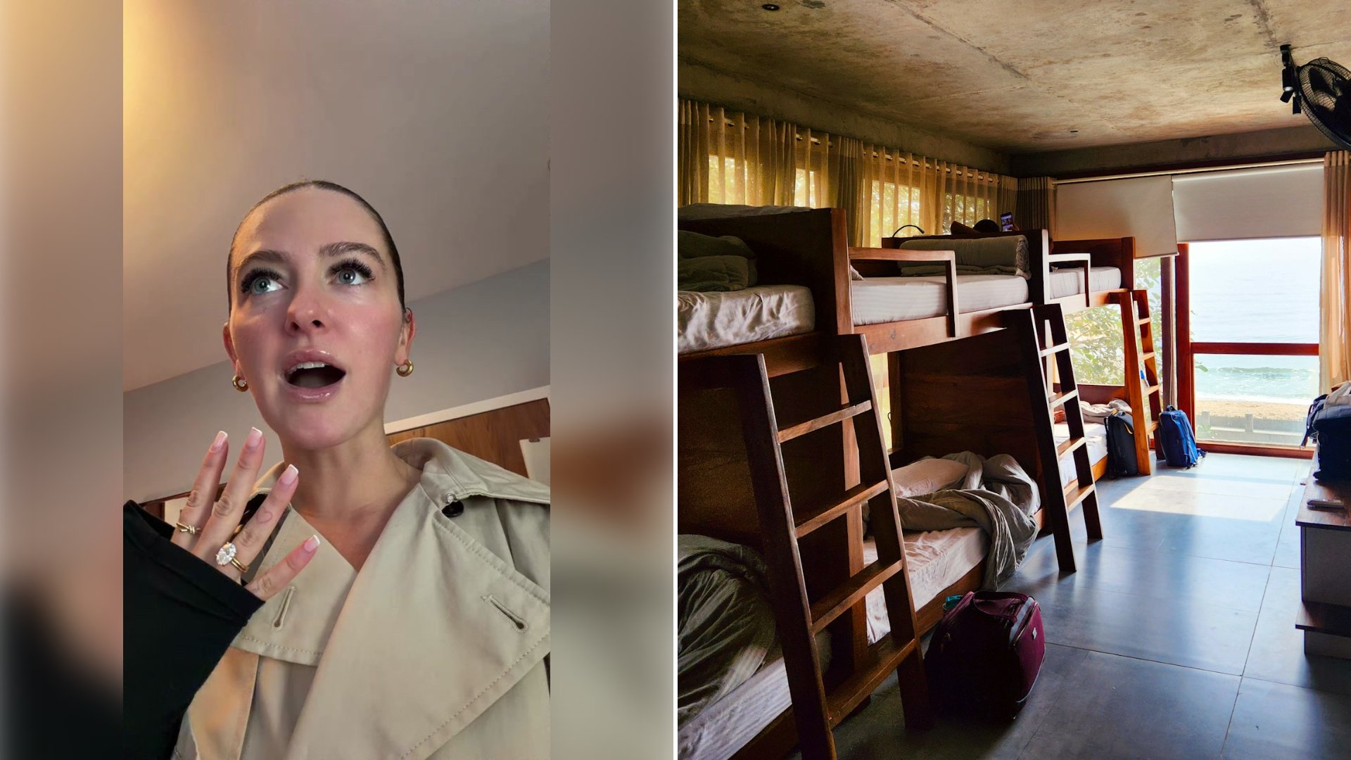 Left: cover still from a TikTok video by @taraswrld. Right: a dorm room with bunk beds (Unsplash photo by Zoshua Colah).