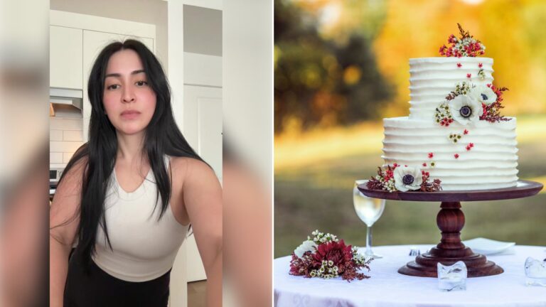 Left: cover still from a TikTok video by @manila.333. Right: a wedding cake with red and white flowers (Unsplash photo by David Holifield).